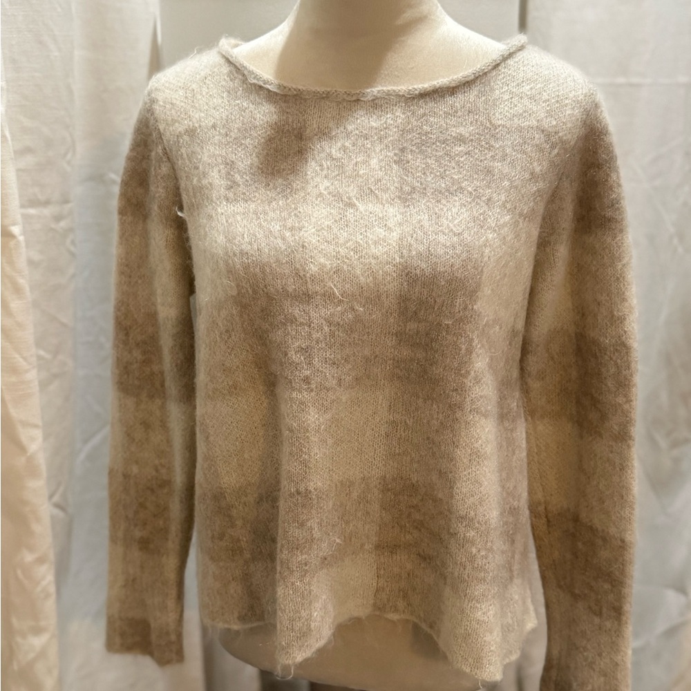 Eileen Fisher Cream and Brown Plaid Sweater Italian yarn